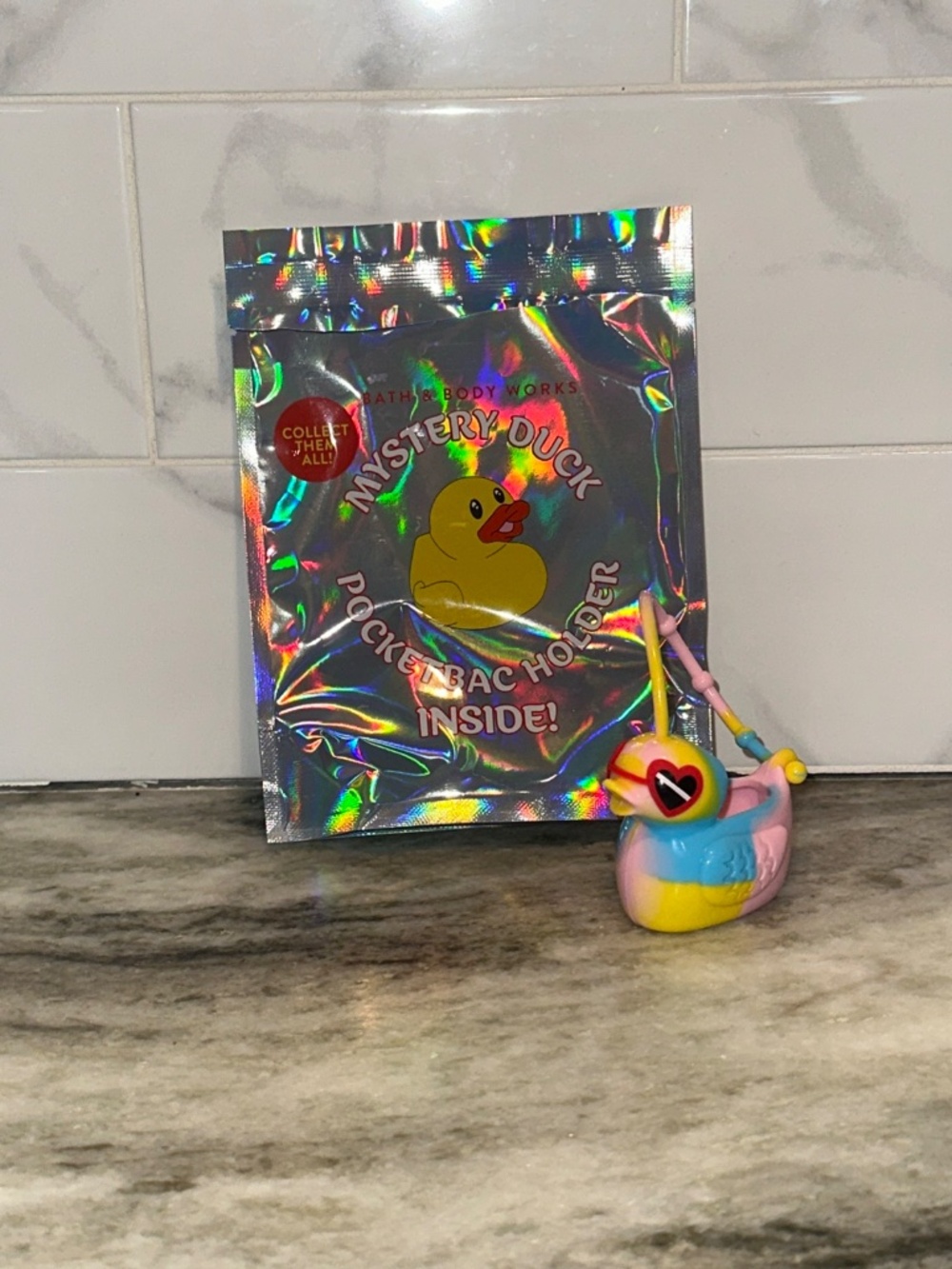 Bath & Body Works Mystery DUCK PocketBac Sanitizer Holder RAINBOW Tie Dye Hearts